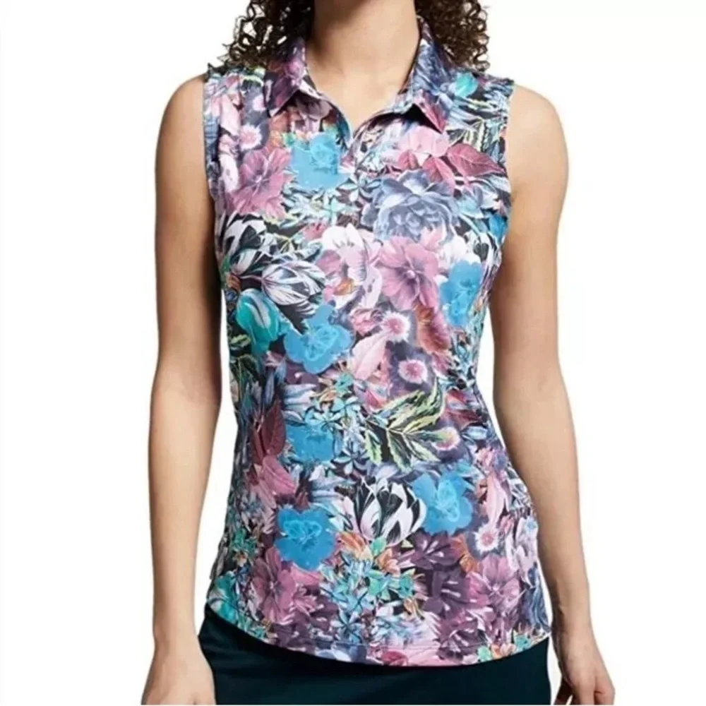 Nike Dri Fit Blue Pink floral Sleeveless‎ Polo golf Tank Top Sz-L. H18